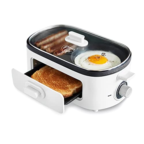 3-in-1 Breakfast Maker Station, Healthy Ceramic Nonstick Dual Griddles for Eggs Meat Sausage Bacon Pancakes and Breakfast Sandwiches, 2 Slice Toast Drawer, Easy-to-use Timer, White (White / 11" Breakfast Maker / Breakfast Maker)