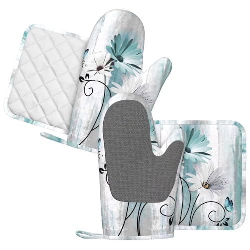 Teal Daisy Oven Mitts Pot Holders Set Silicone Heat Resistant Farm Teal Daisy Floral Flowers and Butterfly Oven Mitts and Hot Pads Potholders Non (Teal)