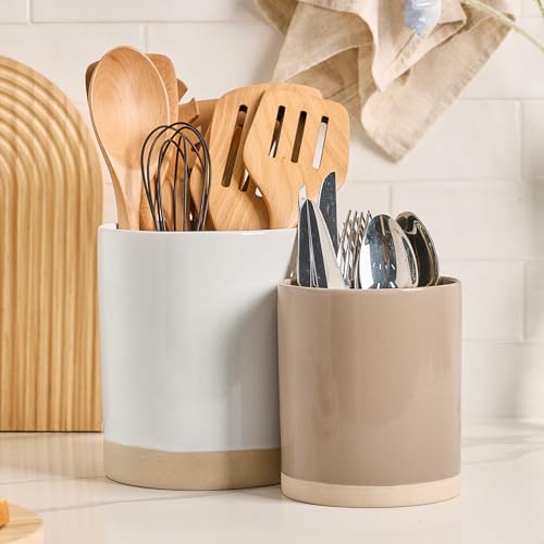 Ceramic Utensil Holder (White and Cinnamon Brown)