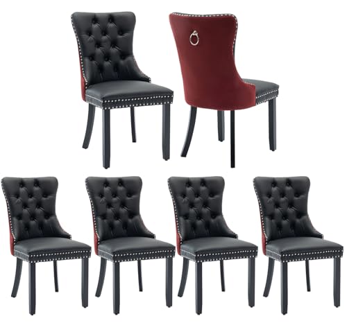 Red Velvet and Black PU Upholstered Dining Chairs Set of 6 (Black 2)