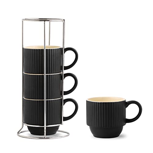 Black Coffee Mug Porcelain Set of 4 with Rack (Matte Black / 12 Ounces)