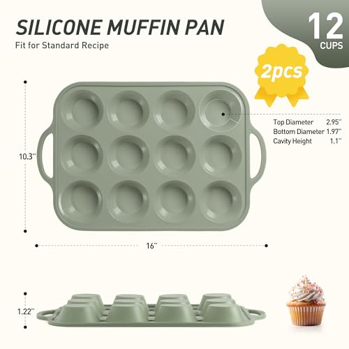 2 Packs 12 Cups Silicone Muffin Pan with Metal Reinforced Frame Regular Size Cupcake Pan Tray Egg Bites Silicone Circle Cookie Molds Muffin Tin Tart Pans Baking Sheet Set for Breakfast Sandwiches (Regular / Morandi Green)