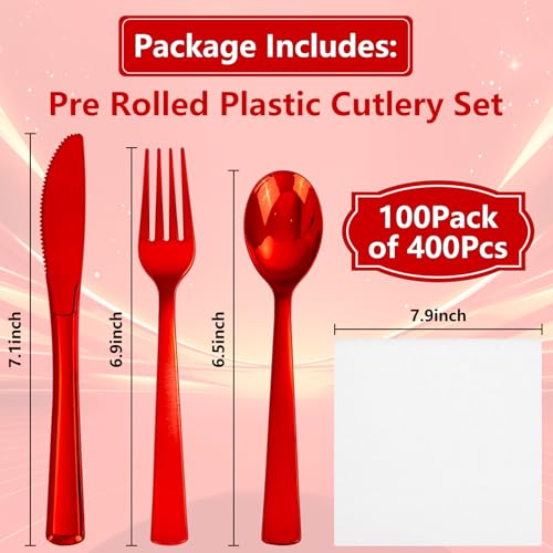400PCS Pre Rolled Red Plastic Silverware Sets Heavy Duty for Wedding (Red - Classic)