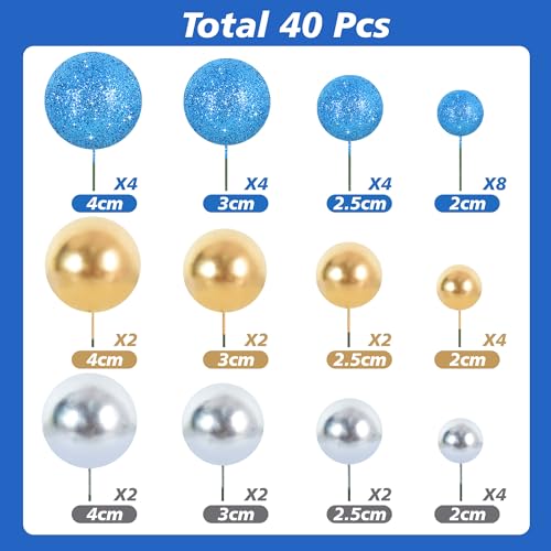 40 Pcs Foam Ball Shaped Cake Toppers with Sticks Mini Cake Decorations for Birthdays (40-blue Gold Silver)