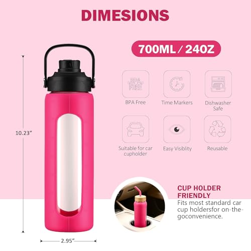 24 oz Glass Water Bottle with Straw and 2 Lids (Rose Red / 24 Ounces)