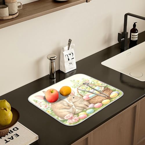 Cute Easter Bunny Rabbit Eggs Dish Drying Mat for Kitchen Counter Absorbent Microfiber Small Drying Pad Dish Mats for Kitchen Countertops 16 x 18 Inch (18" x 16")