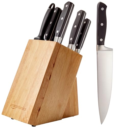 9-Piece High-Carbon Stainless Steel Kitchen Knife Set with Ergonomic Handles, Full Tang Construction, Pine Wood Block, Black (9-Piece / Traditional Handle Design)