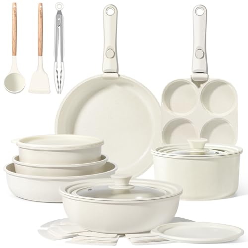 Pots and Pans Set Non Stick (Cream White / 21PCS-Standard)