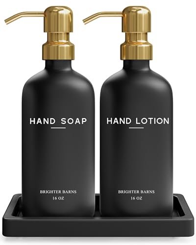 Luxury Glass Soap and Lotion Dispenser Set with Tray by Brighter Barns (Black/Gold Sl)