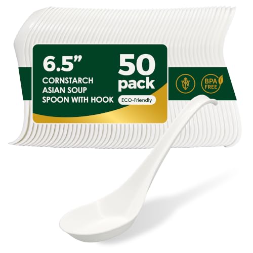 Disposable PLA Cornstarch Asian Soup Spoons with Hook Plastic (6.5 inch)
