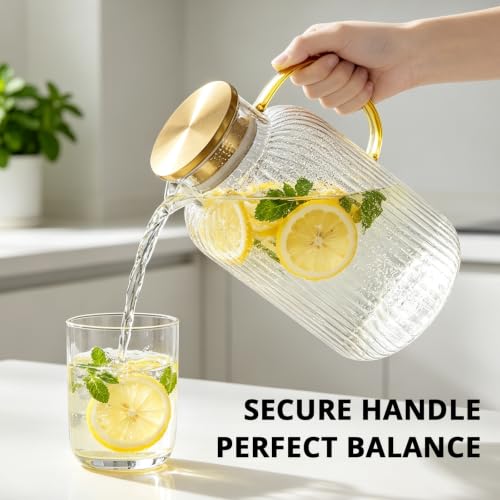 3 Liter 101 oz Stripes Gold Glass Pitcher with Lid and Handle (Stripes Gold / 101.4 Ounces)