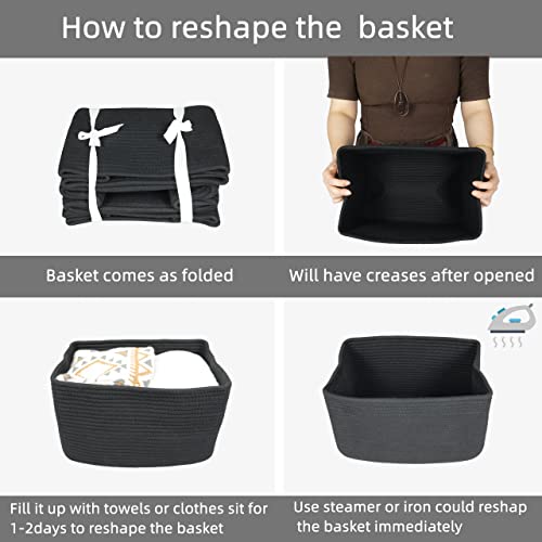 Woven Cotton Rope Storage Baskets 15x10x9.3" 3 Pack Black (black)
