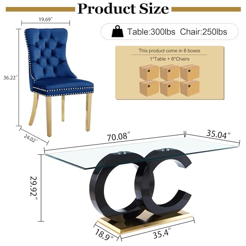 7 Piece Glass Dining Table Set for 6 (Black Table & Gold Blue Chair / 7-Piece Set-OC-Shaped Table)