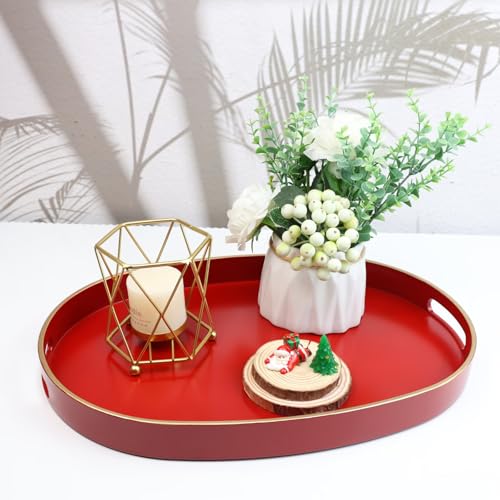Red Plastic Serving Tray for Ottoman (Oval Red / 15.5" x 10.6" x 1.4")