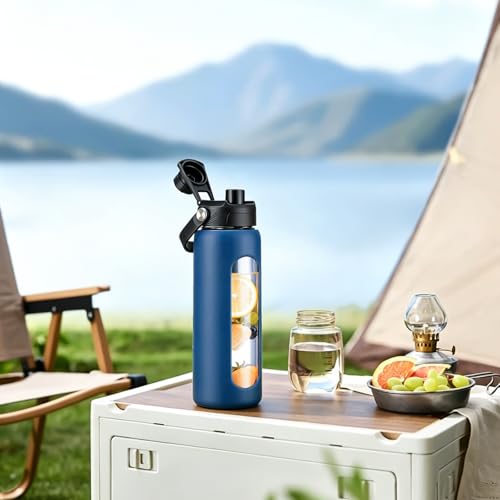 24 oz Glass Water Bottle with Straw and 2 Lids (Navy Blue / 24 Ounces)