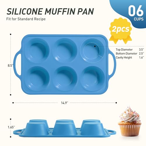 2 Packs 6 Cups Silicone Muffin Pan with Metal Reinforced Frame Jumbo Size Cupcake Pan Tray Egg Bites Silicone Molds Muffin Tin Tart Pans Bundt Pan Reposteria Accesorios Moldes Para Pasteles (2pc: 6-Cup Jumbo / Blue)