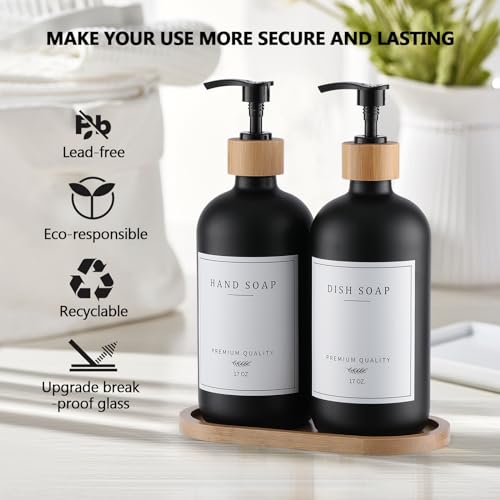 Black Glass Soap Dispenser (Black Bottle + 14 Labels + Funnel + Tray)