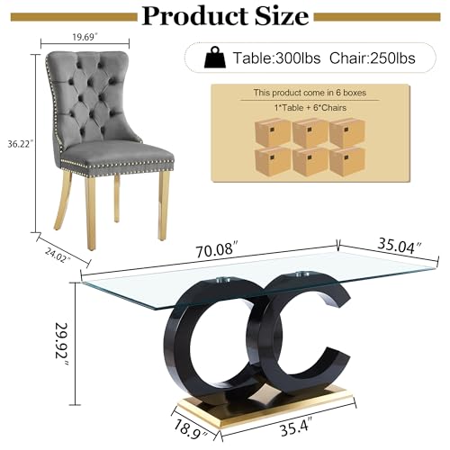 7 Piece Glass Dining Table Set for 6 (Black Table & Gold Grey Chair / 7-Piece Set-OC-Shaped Table)
