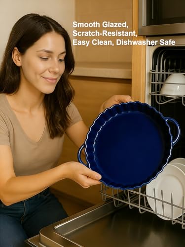 10×2in Deep Ceramic Pie Pan with Handles for Pie Quiche Tart Baking. Easy to grip (Blue / 10IN*2IN)