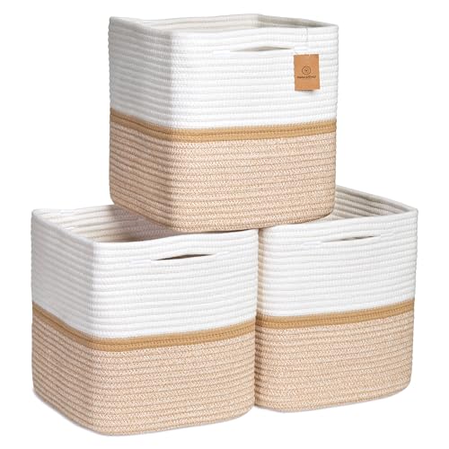 Storage Cubes 11 Inch Cotton Rope Woven Baskets for Organizing (Off White & Tan Brown & Mixed Tan Brown)
