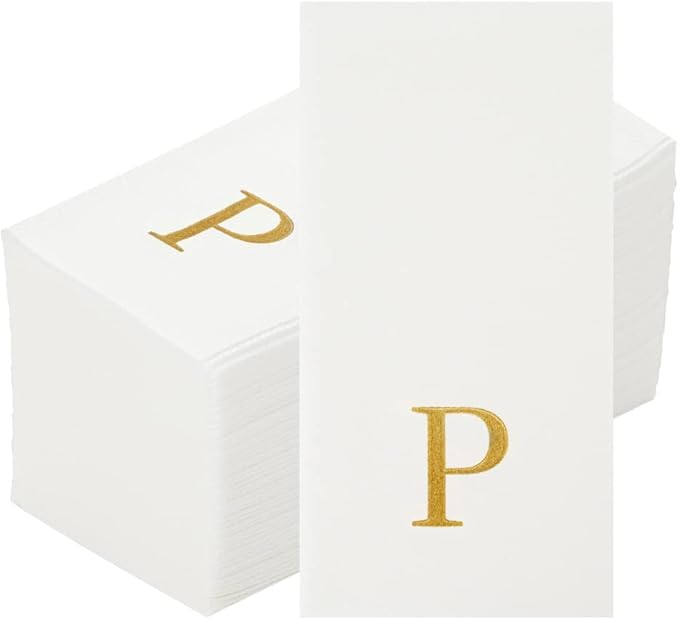 Luxenap 15.8 X 7.9 Inch Linen-Feel Guest Towels, 2000 Lettered Hand Towels - Gold Letter 'P', Sans Serif Font, White Paper Dinner Napkins, airlaid, For Restrooms And Tables