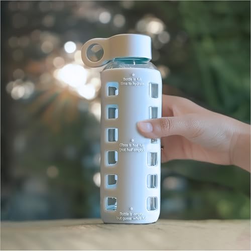 40oz / 32oz / 22oz / 12oz Borosilicate Glass Water Bottle with Time & Volume Markers, Silicone Sleeve, Stainless Steel Lid | Reusable Glass Bottle for Water & Juice (12oz Ice Blue) (Ice Blue (1 Count) / 12 Ounces)