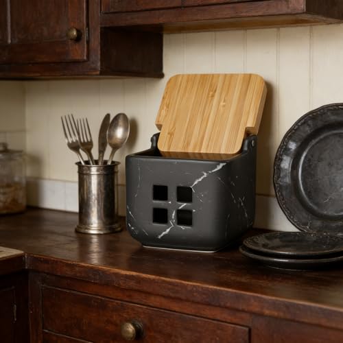 Ceramic Garlic Keeper with Bamboo Lid (Marble Black)