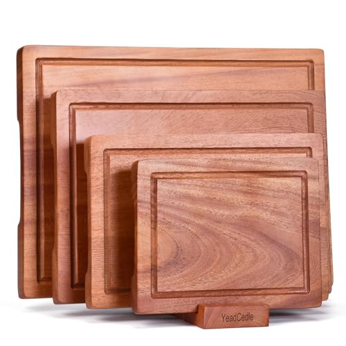 Wooden Cutting Board Set of 4 with Holder Solid Wood Chopping Boards for Kitchen with Juice Grooves Thick Large Cutting Board (15.7"L x 11.8"W)