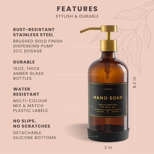 Hand and Dish Soap Dispenser for Kitchen and Bathroom (Amber Bottle / Brushed Gold Pump)