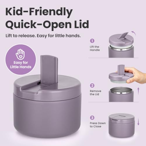 12oz Insulated Vacuum Food Jar with Buckle Lid Wide Mouth Soup Thermo for Hot Food Kids Leakproof Stainless Steel Lunch Container (Lilac / 12OZ)