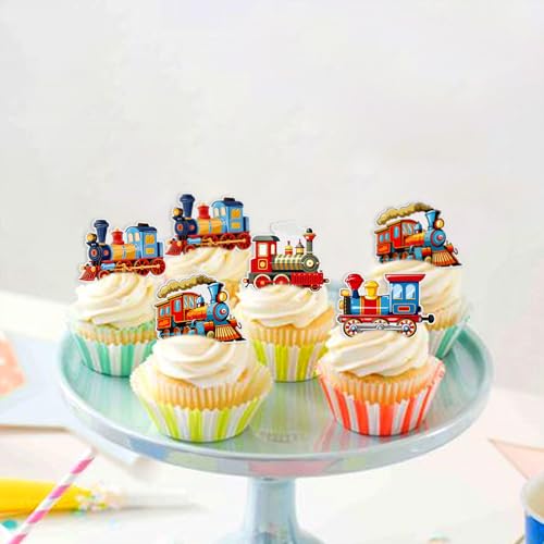 40PCS Edible Retro Train Cupcake Toppers Vintage Locomotiv Cupcake Picks for Retro Train Baby Shower Boys Girls Birthday Cupcake Decorations Traditional Transportation Party Decors (Edible)