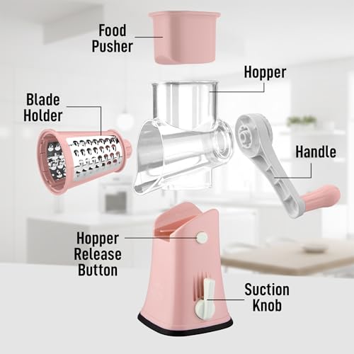 Rotary Cheese Grater Manual Hand Crank 5 Blade Shredder (5 Blades / Peach & White)