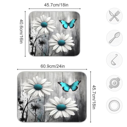 Daisy Flower Teal Butterfly Dish Drying Mat for Kitchen Counter Absorbent Microfiber Drying Pad (16" x 18")