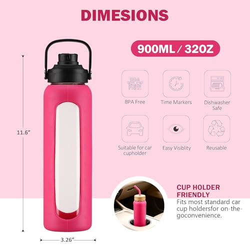 32 oz Glass Water Bottle with Straw and 2 Lids (Rose Red / 32 Ounces)