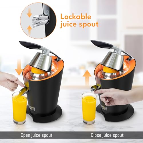 Stainless Steel Electric Orange Juicer 200W I Incl. Stainless Steel Cone & BPA (Black)