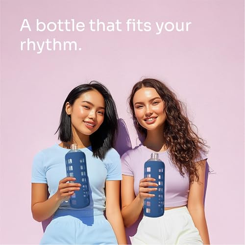 40oz / 32oz / 22oz / 12oz Borosilicate Glass Water Bottle with Time & Volume Markers, Silicone Sleeve, Stainless Steel Lid – Reusable Glass Bottle for Water & Juice (32oz Chinese Porcelain) (Chinese Porcelain (1 Count) / 32 Ounces)
