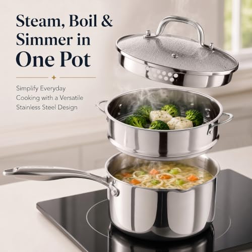 Tri Ply Stainless Steel Pot with Steamer (2 Quarts)