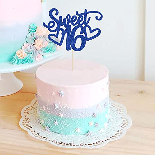 1Pc Sweet Teenager 16 Cake Topper Glitter 16th Birthday Cake Pick for Cheers to 16 Years Old 16th Birthday Party Cake Decorations Supplies Blue
