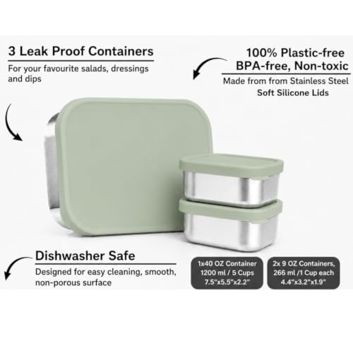 Flexibento Leak Proof 40 OZ Stainless Steel Lunch Box (Sage Set of 3: 1*40OZ + 2 *9 OZ)
