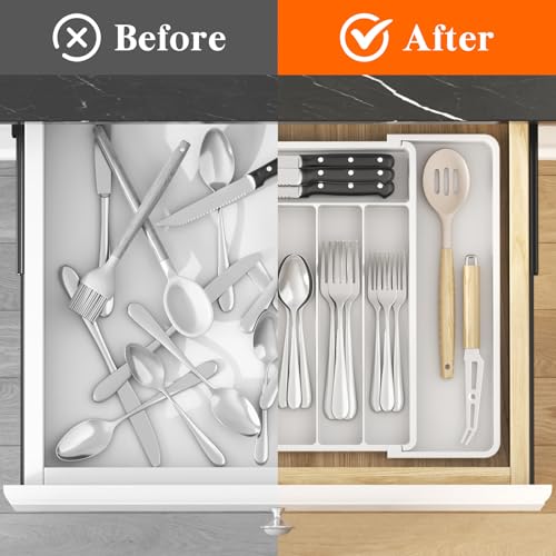 Expandable Silverware Drawer Organizer (White / Large (11-18''W x 14''D))