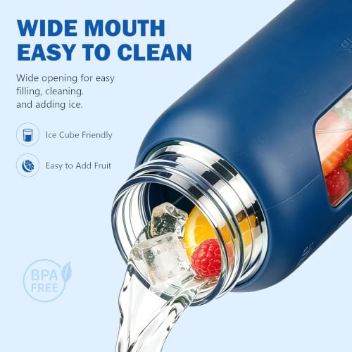 32 oz Glass Water Bottle with Straw and 2 Lids (Navy Blue / 32 Ounces)
