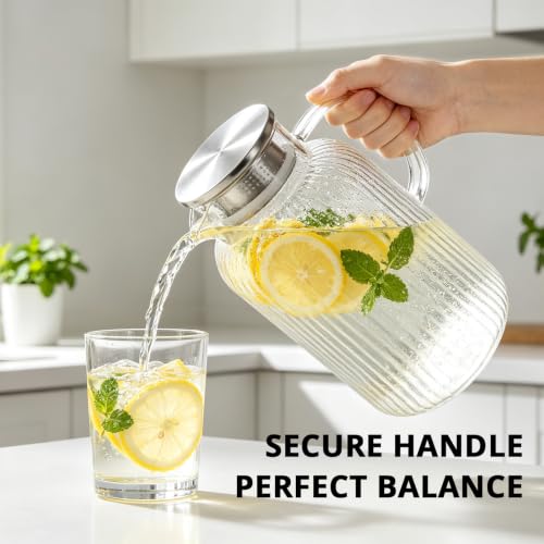 3 Liter 101 oz Stripes Glass Pitcher with Lid and Handle (Stripes Clear / 101.4 Ounces)