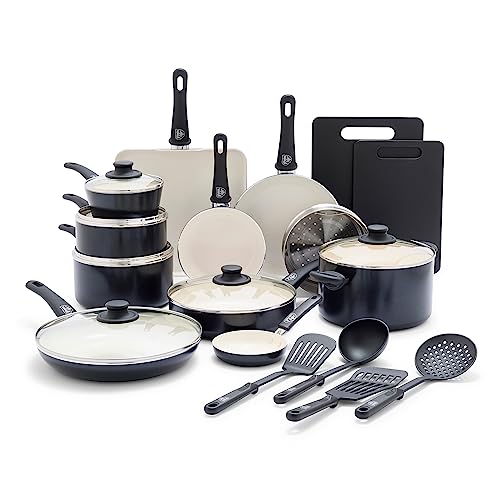 Soft Grip Healthy Ceramic Nonstick 23 Piece Kitchen Cookware Pots and Frying Sauce Saute Pans Set with Kitchen Utensils (23 Piece Cookware Set / Black)