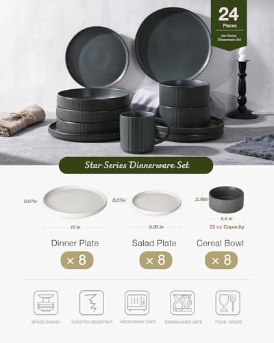 Star Stoneware Dinnerware Sets for 8 (Matte White & Charcoal)