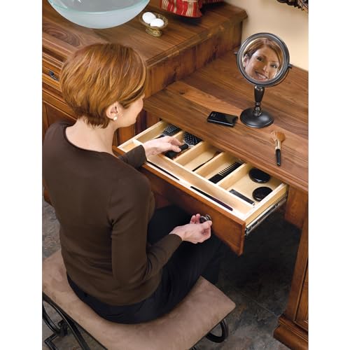Trim-to-Custom-Fit Silverware Drawer Organizer For Kitchen Utensils, Cutlery Cabinet Storage Divider Insert, 23.98 x 21.97 In, Maple Wood, 4WUT-3 (24" W / Standard)