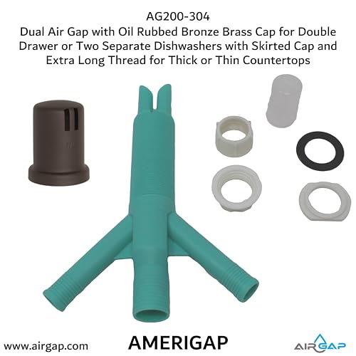 Dual Air Gap with Oil Rubbed Bronze Brass Cap for Double Drawer or Two Separate Dishwashers with Skirted Cap and Extra Long Thread for Thick or Thin Countertops (AG200-304)