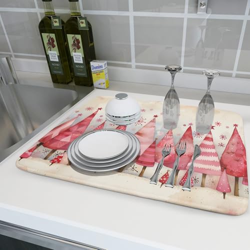Pink Trees Dish Drying Pad Christmas Snowflake Decorative Drying Mats for Coffee Bar Kitchen Counter 18 X 24 Inch (Vintage Painting 4729 / 24" x 18")