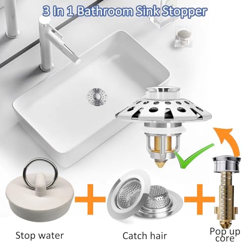 Bathroom Sink Stopper with Hair Catcher (Chrome Silver)