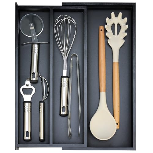 Expandable Black Bamboo Kitchen Utensils Drawer Organizer Silverware Tray ((8"-12.6")x 15.7" / Black)