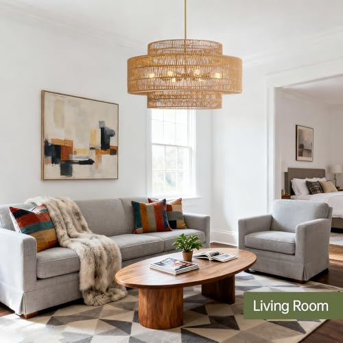 30" Rattan Chandelier for Dining Room (Brown / 30” 8-Light)